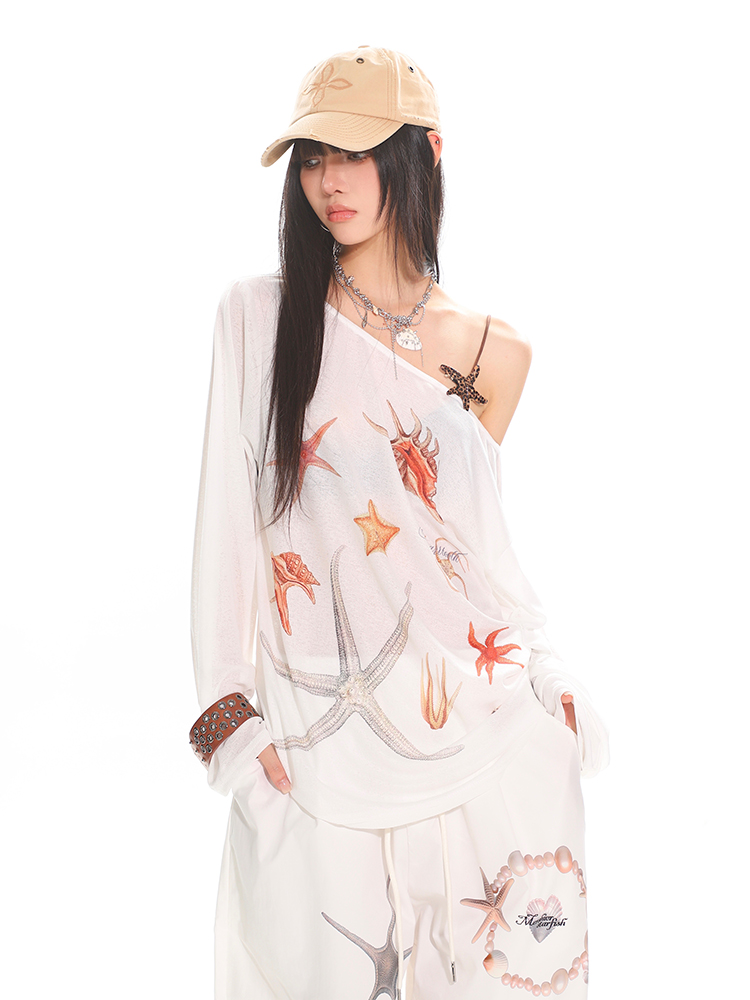Asymmetrical Neck Starfish Print Long Sleeve Slim Fit Off-Shoulder T-Shirt - Sheer Summer Sun Protection Top for Women Asymmetrical Neck Starfish Print Long Sleeve Slim Fit Off-Shoulder T-Shirt - Sheer Summer Sun Protection Top for Women