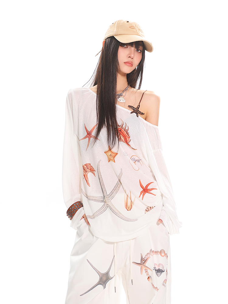 Asymmetrical Neck Starfish Print Long Sleeve Slim Fit Off-Shoulder T-Shirt - Sheer Summer Sun Protection Top for Women Asymmetrical Neck Starfish Print Long Sleeve Slim Fit Off-Shoulder T-Shirt - Sheer Summer Sun Protection Top for Women