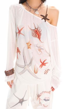Asymmetrical Neck Starfish Print Long Sleeve Slim Fit Off-Shoulder T-Shirt - Sheer Summer Sun Protection Top for Women