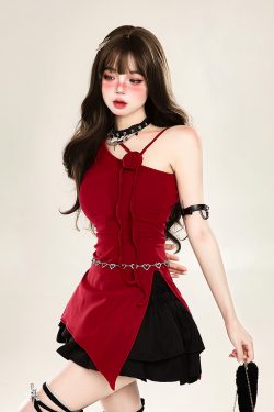 Asymmetrical Off-Shoulder Sleeveless T-Shirt for Women - Irregular Red Slim Fit Top, Y2K Summer Style