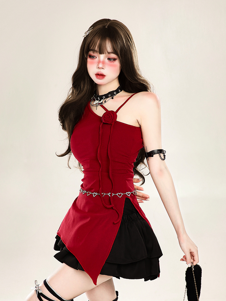 Asymmetrical Off-Shoulder Sleeveless T-Shirt for Women - Irregular Red Slim Fit Top, Y2K Summer Style Asymmetrical Off-Shoulder Sleeveless T-Shirt for Women - Irregular Red Slim Fit Top, Y2K Summer Style