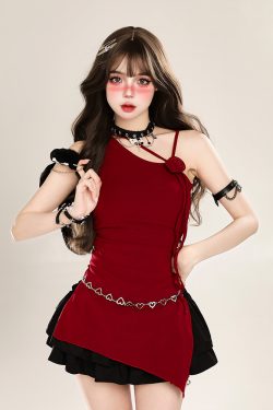 Asymmetrical Off-Shoulder Sleeveless T-Shirt for Women - Irregular Red Slim Fit Top, Y2K Summer Style