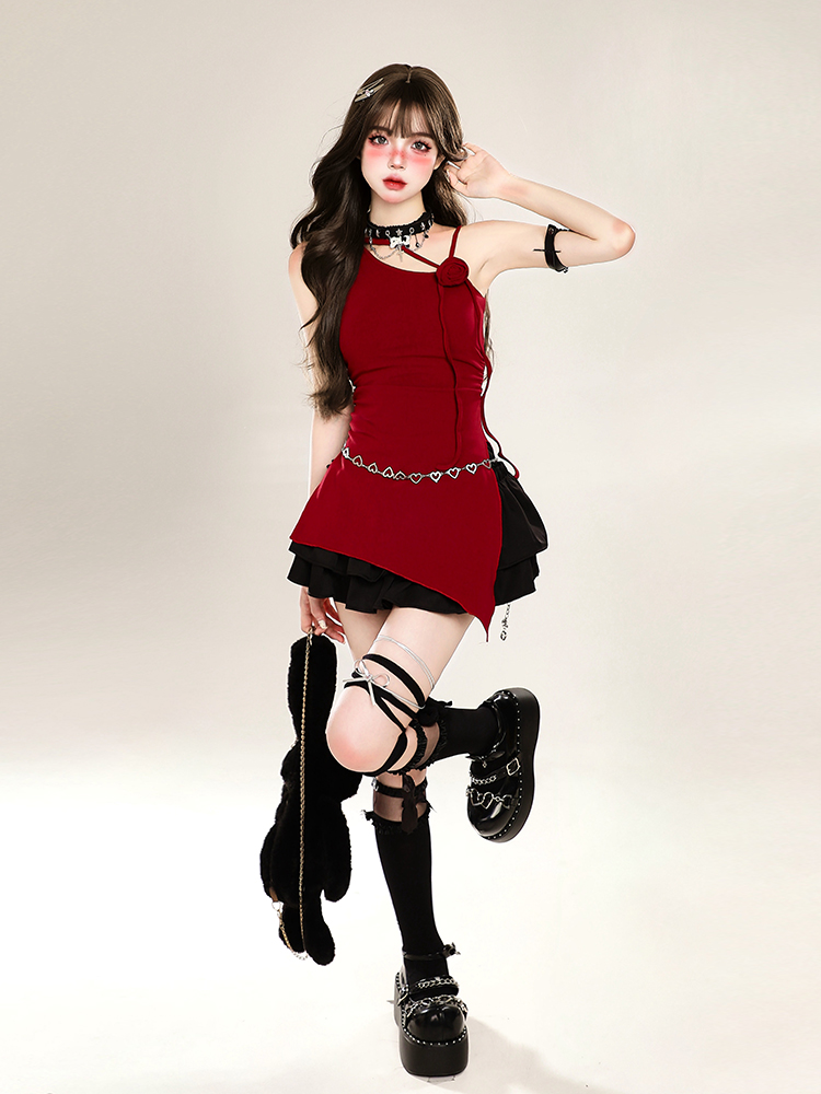 Asymmetrical Off-Shoulder Sleeveless T-Shirt for Women - Irregular Red Slim Fit Top, Y2K Summer Style Asymmetrical Off-Shoulder Sleeveless T-Shirt for Women - Irregular Red Slim Fit Top, Y2K Summer Style