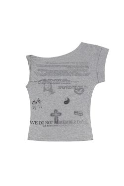 Asymmetrical Shoulder Digital Print T-Shirt for Women - Summer 2025 Slim Fit Elegant Top, Trendy 90s Style
