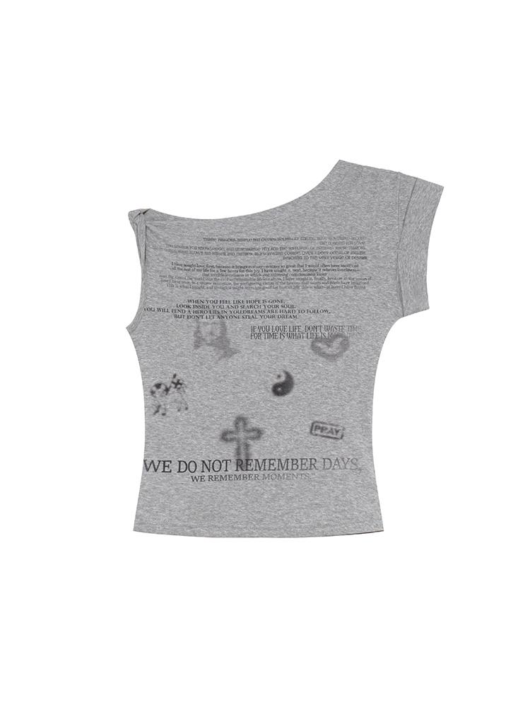 Asymmetrical Shoulder Digital Print T-Shirt for Women - Summer 2025 Slim Fit Elegant Top, Trendy 90s Style Asymmetrical Shoulder Digital Print T-Shirt for Women - Summer 2025 Slim Fit Elegant Top, Trendy 90s Style