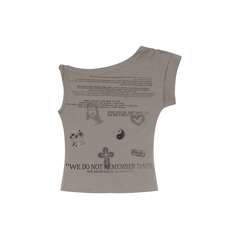 Asymmetrical Shoulder Digital Print T-Shirt for Women - Summer 2025 Slim Fit Elegant Top, Trendy 90s Style Asymmetrical Shoulder Digital Print T-Shirt for Women - Summer 2025 Slim Fit Elegant Top, Trendy 90s Style