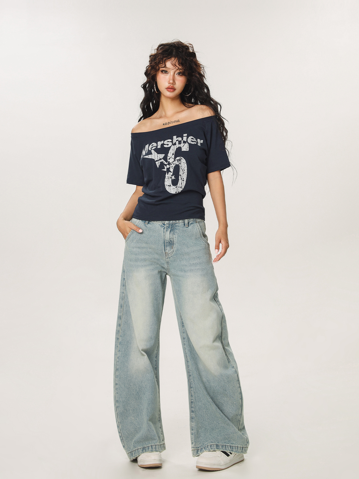 Asymmetrical Shoulder Sexy Short Sleeve T-Shirt for Women - Summer Slim Fit Beer Team Captain American Design, Y2K Style Asymmetrical Shoulder Sexy Short Sleeve T-Shirt for Women - Summer Slim Fit Beer Team Captain American Design, Y2K Style