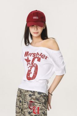 Asymmetrical Shoulder Sexy Short Sleeve T-Shirt for Women - Summer Slim Fit Beer Team Captain American Design, Y2K Style