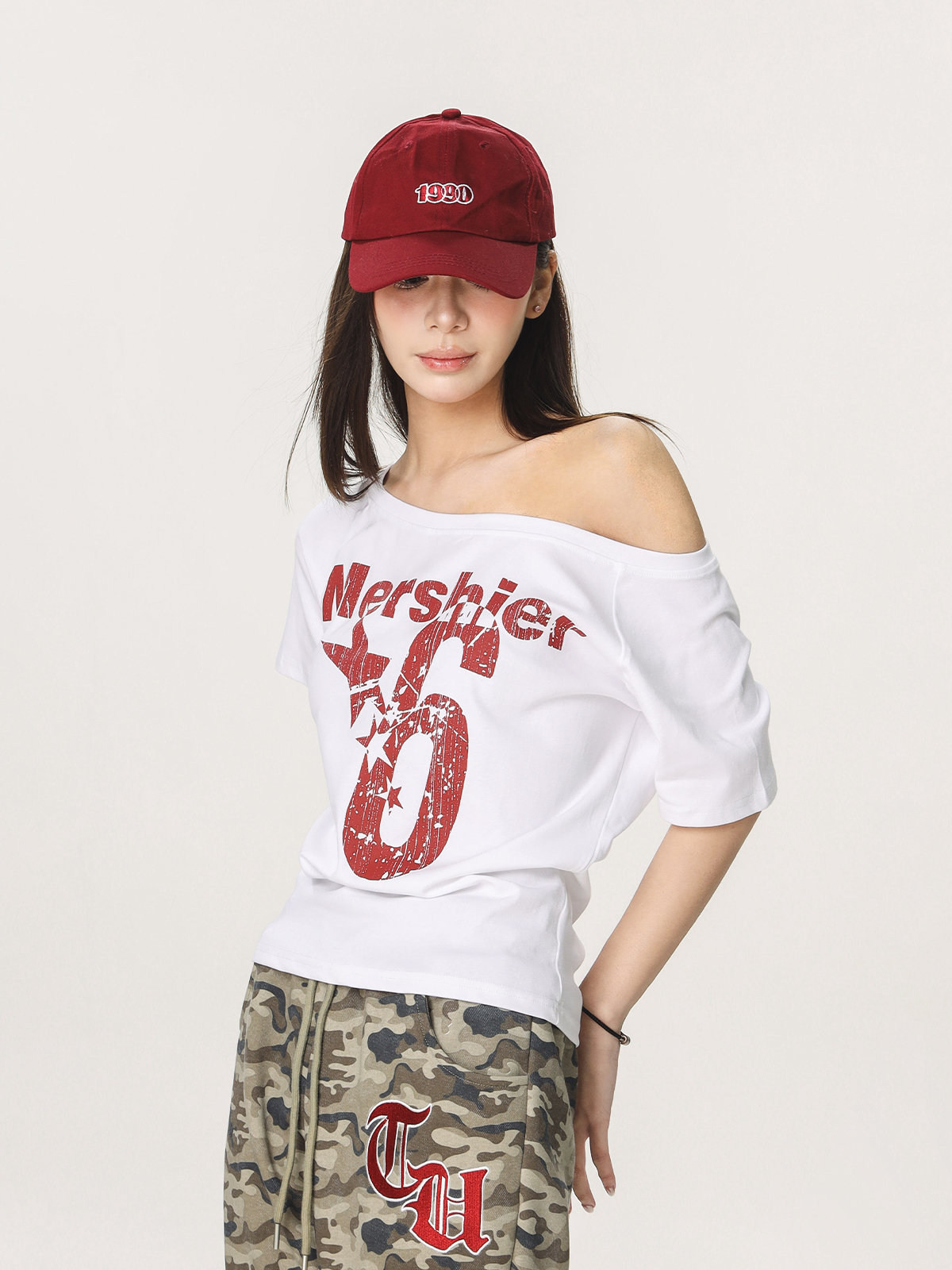 Asymmetrical Shoulder Sexy Short Sleeve T-Shirt for Women - Summer Slim Fit Beer Team Captain American Design, Y2K Style Asymmetrical Shoulder Sexy Short Sleeve T-Shirt for Women - Summer Slim Fit Beer Team Captain American Design, Y2K Style