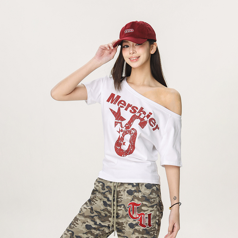 Asymmetrical Shoulder Sexy Short Sleeve T-Shirt for Women - Summer Slim Fit Beer Team Captain American Design, Y2K Style Asymmetrical Shoulder Sexy Short Sleeve T-Shirt for Women - Summer Slim Fit Beer Team Captain American Design, Y2K Style