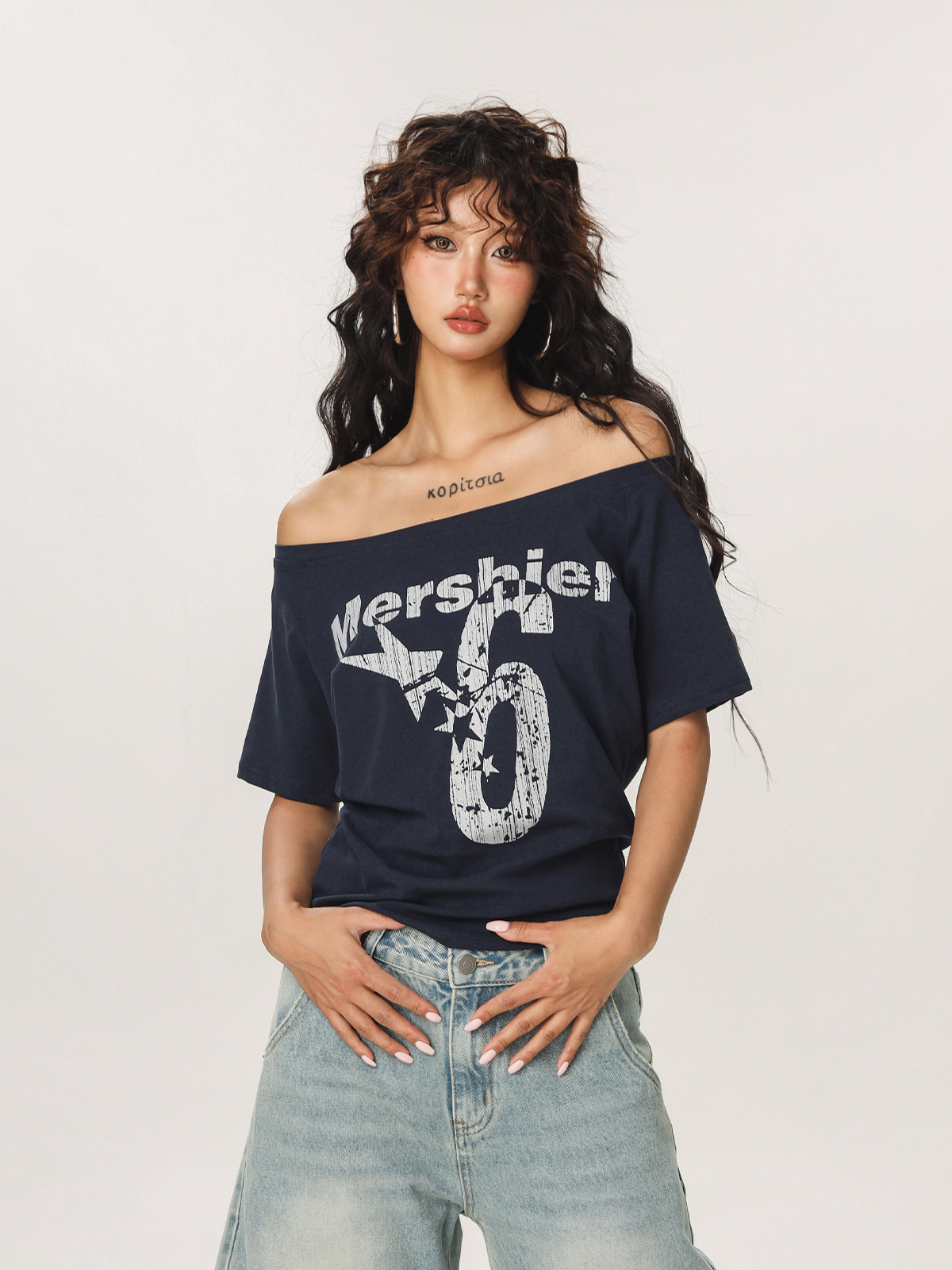 Asymmetrical Shoulder Sexy Short Sleeve T-Shirt for Women - Summer Slim Fit Beer Team Captain American Design, Y2K Style Asymmetrical Shoulder Sexy Short Sleeve T-Shirt for Women - Summer Slim Fit Beer Team Captain American Design, Y2K Style