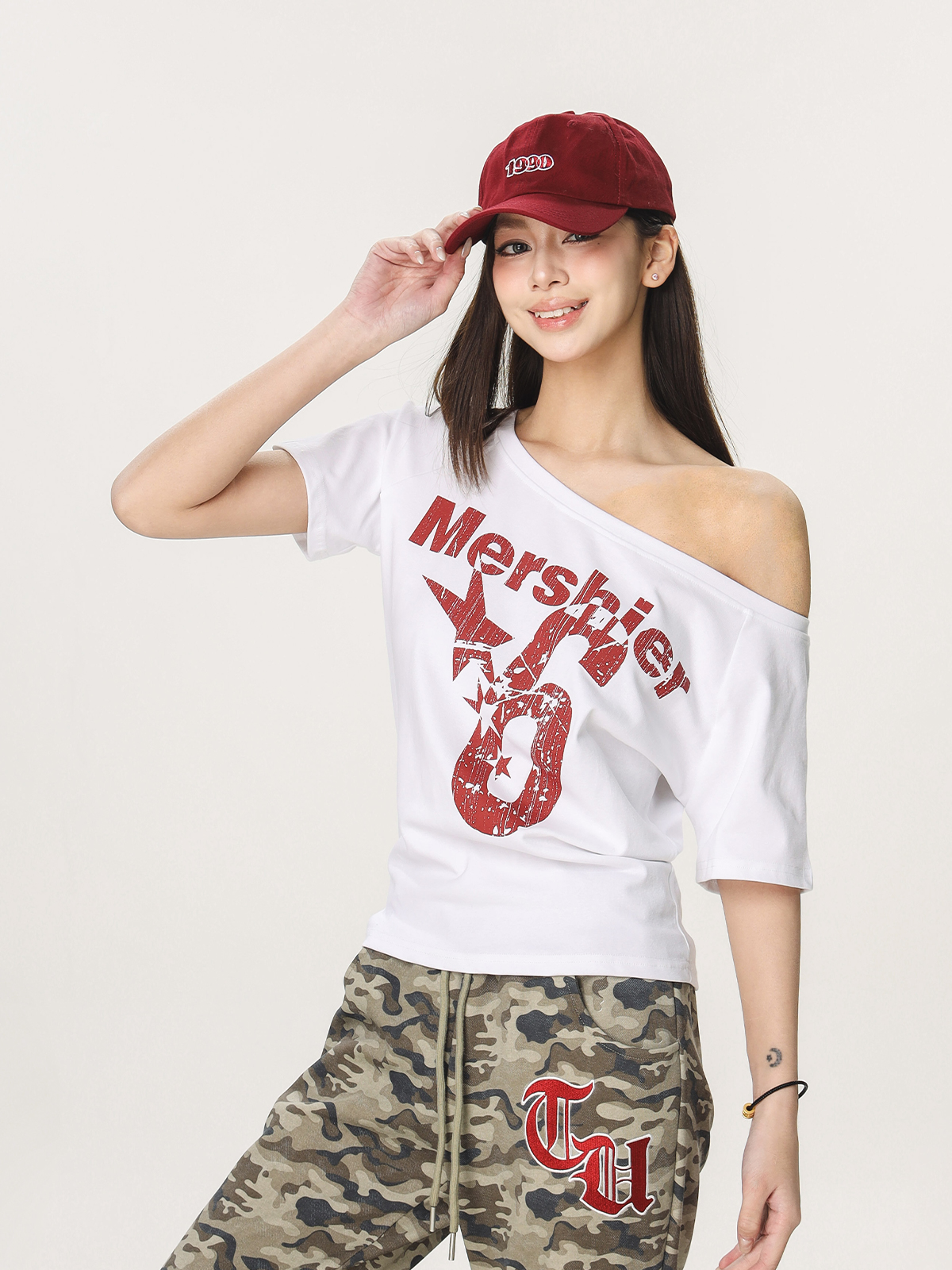 Asymmetrical Shoulder Sexy Short Sleeve T-Shirt for Women - Summer Slim Fit Beer Team Captain American Design, Y2K Style Asymmetrical Shoulder Sexy Short Sleeve T-Shirt for Women - Summer Slim Fit Beer Team Captain American Design, Y2K Style