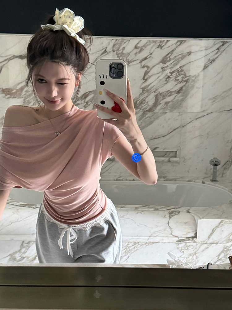 Asymmetrical Slim Fit Short Sleeve T-Shirt for Women - Summer Elastic Top, Natural Beauty Formula, Casual Chic Style Asymmetrical Slim Fit Short Sleeve T-Shirt for Women - Summer Elastic Top, Natural Beauty Formula, Casual Chic Style