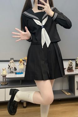Authentic Black Indigo Three-Volume Unruly Sailor Suit Set - Camellia & Book JK Uniform, Basic Version, Korean Style Middle School Outfit