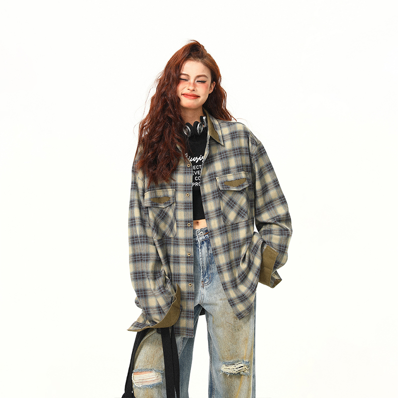 Autumn Plaid Color-Block Long Sleeve Shirt for Women - Retro Patchwork Loose Blouse in 90s Style Autumn Plaid Color-Block Long Sleeve Shirt for Women - Retro Patchwork Loose Blouse in 90s Style