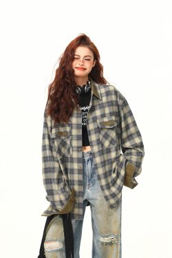 Autumn Plaid Color-Block Long Sleeve Shirt for Women - Retro Patchwork Loose Blouse in 90s Style