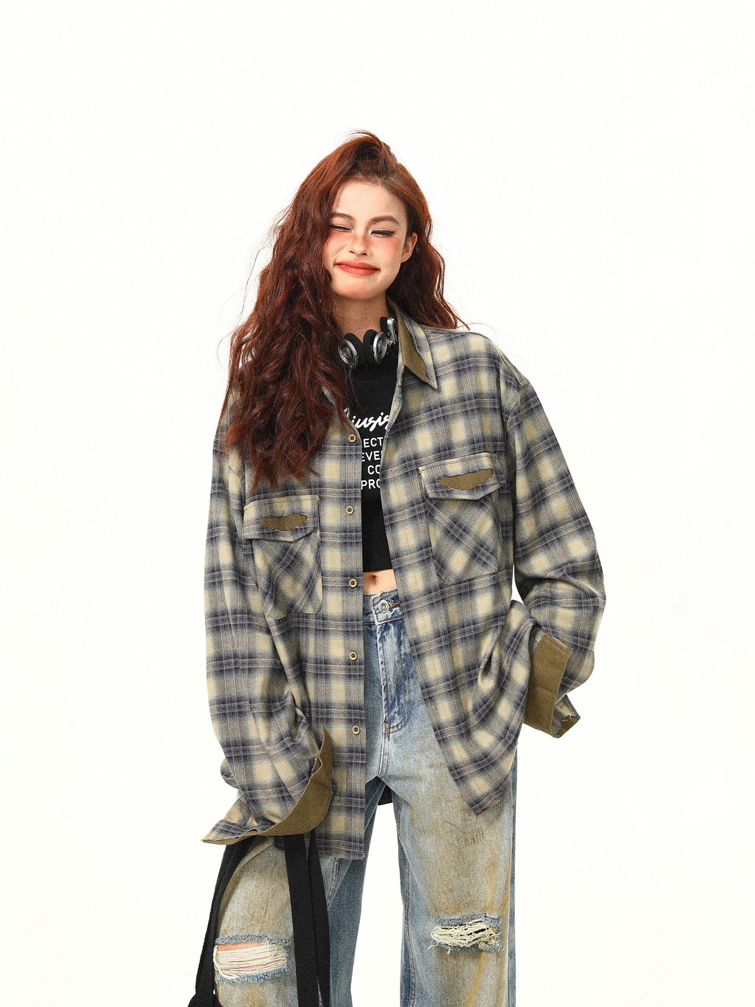 Autumn Plaid Color-Block Long Sleeve Shirt for Women - Retro Patchwork Loose Blouse in 90s Style Autumn Plaid Color-Block Long Sleeve Shirt for Women - Retro Patchwork Loose Blouse in 90s Style