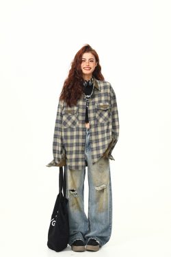 Autumn Plaid Color-Block Long Sleeve Shirt for Women - Retro Patchwork Loose Blouse in 90s Style