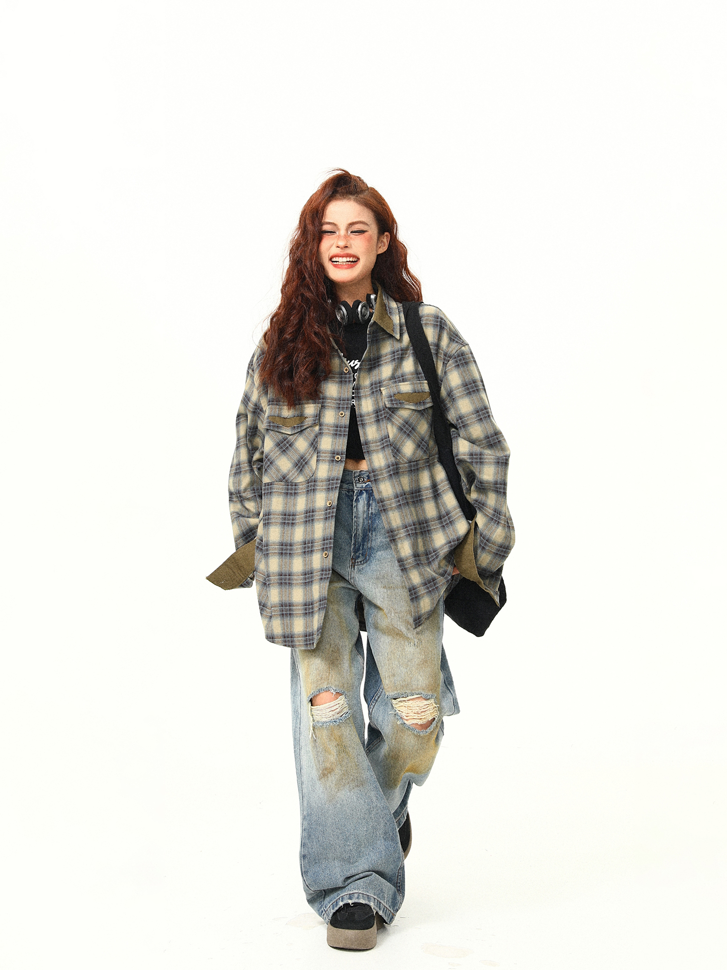 Autumn Plaid Color-Block Long Sleeve Shirt for Women - Retro Patchwork Loose Blouse in 90s Style Autumn Plaid Color-Block Long Sleeve Shirt for Women - Retro Patchwork Loose Blouse in 90s Style