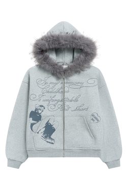 Autumn Winter Fleece-Lined Hoodie for Women - Black and White Printed Loose Jacket, Casual Streetwear Style