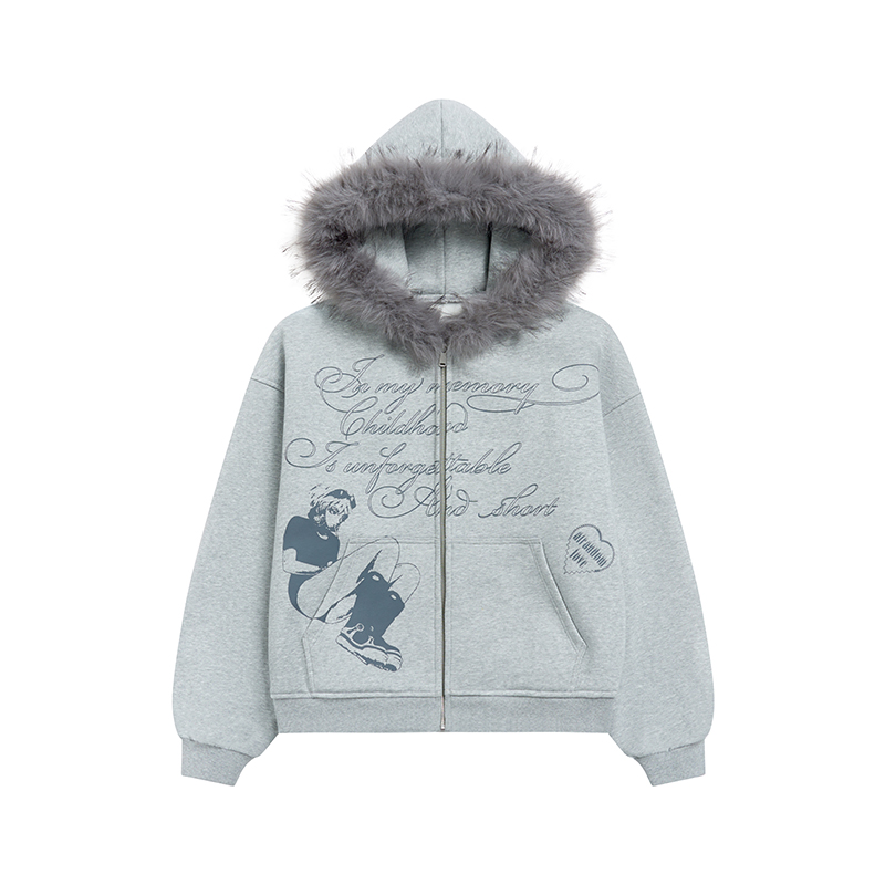 Autumn Winter Fleece-Lined Hoodie for Women - Black and White Printed Loose Jacket, Casual Streetwear Style Autumn Winter Fleece-Lined Hoodie for Women - Black and White Printed Loose Jacket, Casual Streetwear Style