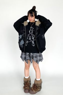 Autumn Winter Fleece-Lined Hoodie for Women - Black and White Printed Loose Jacket, Casual Streetwear Style