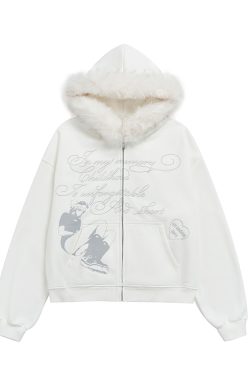 Autumn Winter Fleece-Lined Hoodie for Women - Black and White Printed Loose Jacket, Casual Streetwear Style