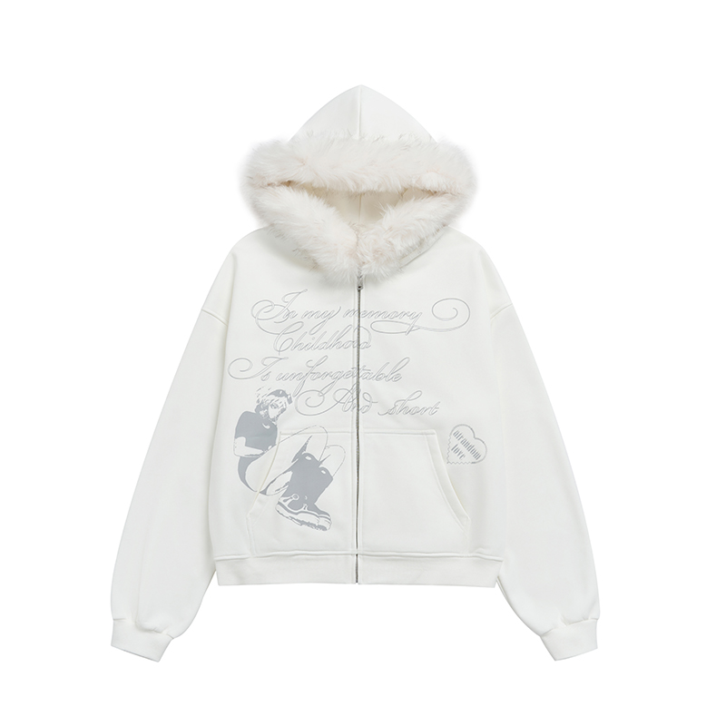 Autumn Winter Fleece-Lined Hoodie for Women - Black and White Printed Loose Jacket, Casual Streetwear Style Autumn Winter Fleece-Lined Hoodie for Women - Black and White Printed Loose Jacket, Casual Streetwear Style