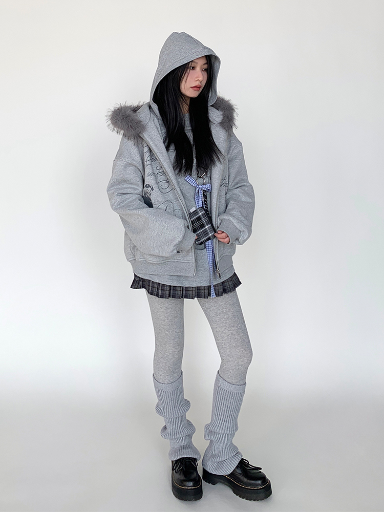 Autumn Winter Fleece-Lined Hoodie for Women - Black and White Printed Loose Jacket, Casual Streetwear Style Autumn Winter Fleece-Lined Hoodie for Women - Black and White Printed Loose Jacket, Casual Streetwear Style