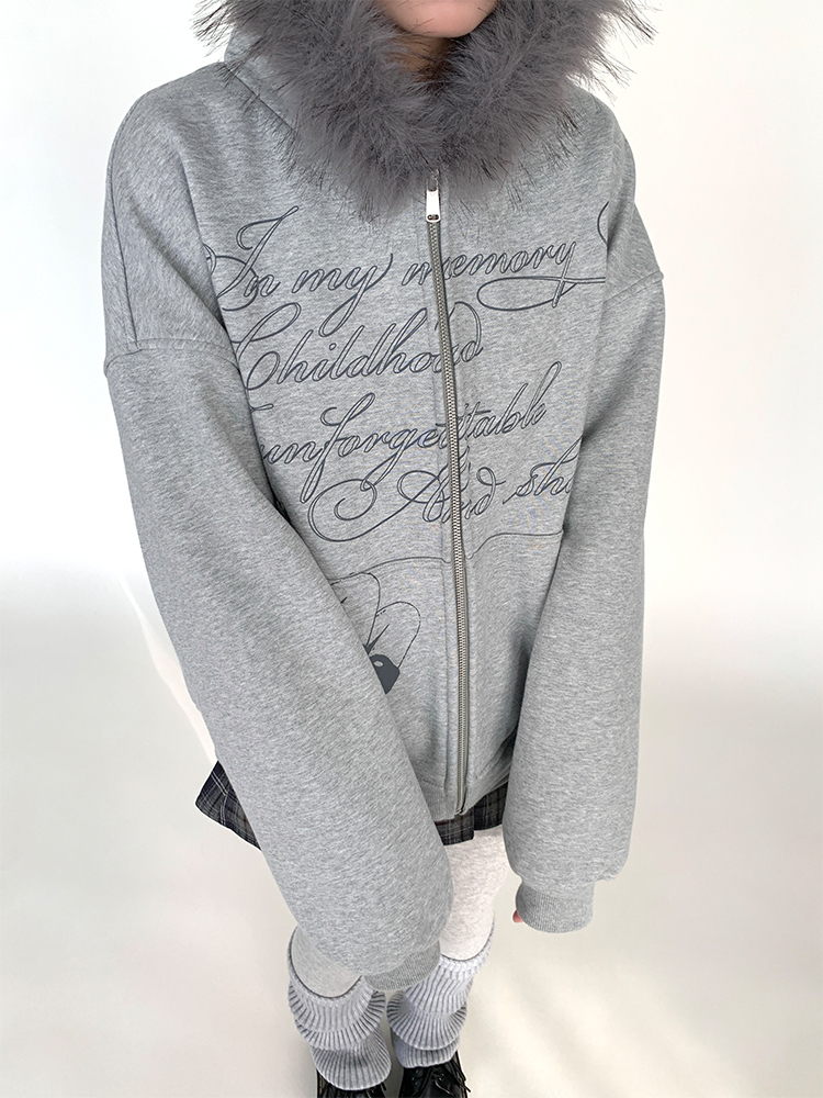 Autumn Winter Fleece-Lined Hoodie for Women - Black and White Printed Loose Jacket, Casual Streetwear Style Autumn Winter Fleece-Lined Hoodie for Women - Black and White Printed Loose Jacket, Casual Streetwear Style