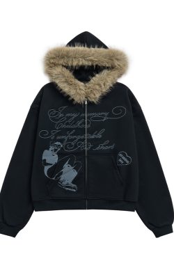 Autumn Winter Fleece-Lined Hoodie for Women - Black and White Printed Loose Jacket, Casual Streetwear Style