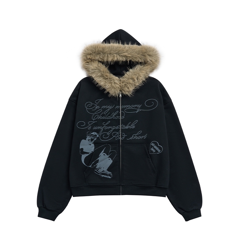 Autumn Winter Fleece-Lined Hoodie for Women - Black and White Printed Loose Jacket, Casual Streetwear Style Autumn Winter Fleece-Lined Hoodie for Women - Black and White Printed Loose Jacket, Casual Streetwear Style