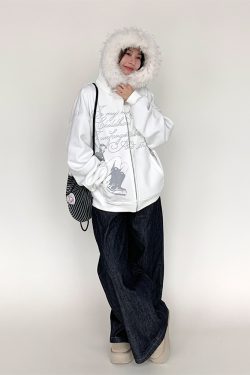Autumn Winter Fleece-Lined Hoodie for Women - Black and White Printed Loose Jacket, Casual Streetwear Style