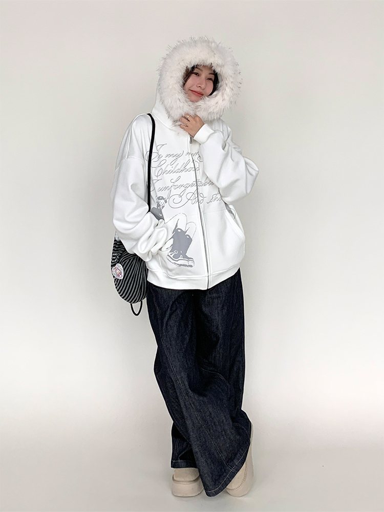 Autumn Winter Fleece-Lined Hoodie for Women - Black and White Printed Loose Jacket, Casual Streetwear Style Autumn Winter Fleece-Lined Hoodie for Women - Black and White Printed Loose Jacket, Casual Streetwear Style