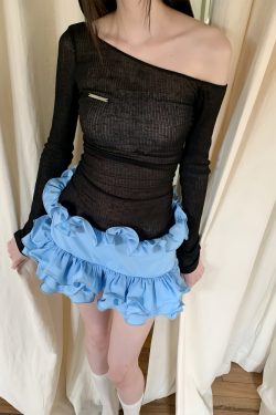 Baby Blue Floral Asymmetrical Shoulder Dress - Summer Rich Girl Style, Trendy Y2K Fashion