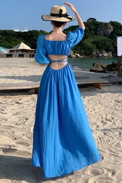 Backless Blue Prairie Dress with High Slit and Square Neck - Vintage French Vacation Style with Large Skirt