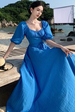 Backless Blue Prairie Dress with High Slit and Square Neck - Vintage French Vacation Style with Large Skirt