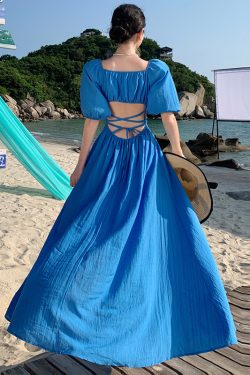 Backless Blue Prairie Dress with High Slit and Square Neck - Vintage French Vacation Style with Large Skirt