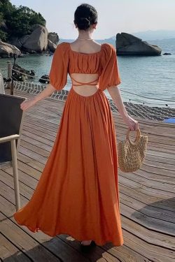 Backless Blue Prairie Dress with High Slit and Square Neck - Vintage French Vacation Style with Large Skirt