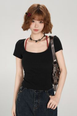 Backless Spicy Girl Short Sleeve T-Shirt for Women - American Style Summer Two-Piece Set with Strap Design