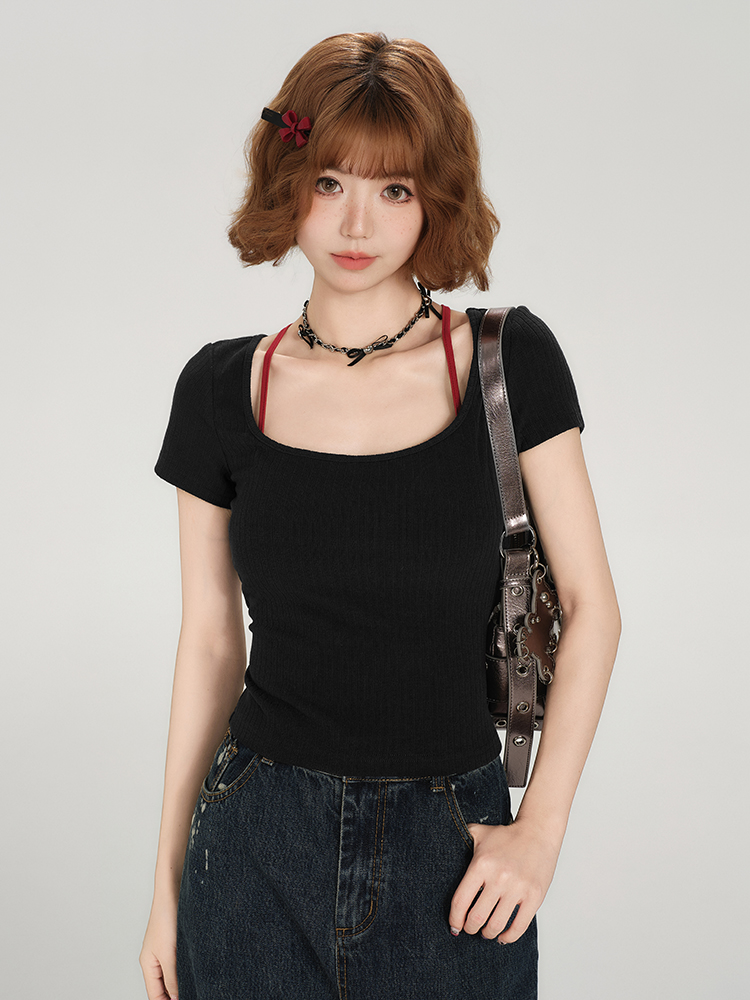 Backless Spicy Girl Short Sleeve T-Shirt for Women - American Style Summer Two-Piece Set with Strap Design Backless Spicy Girl Short Sleeve T-Shirt for Women - American Style Summer Two-Piece Set with Strap Design