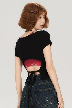 Backless Spicy Girl Short Sleeve T-Shirt for Women - American Style Summer Two-Piece Set with Strap Design