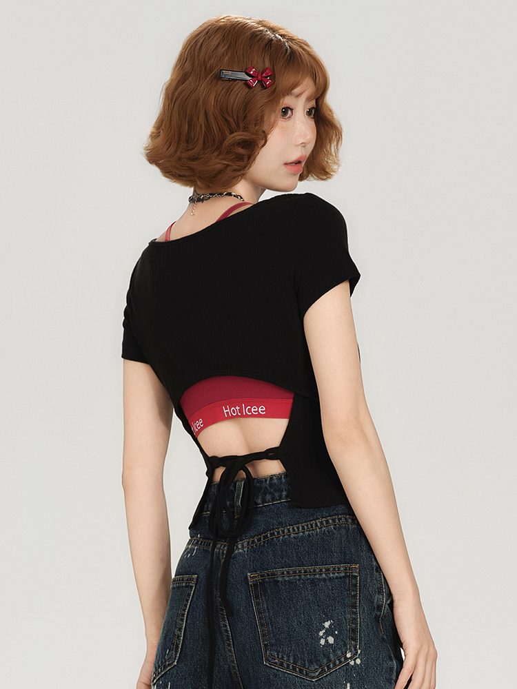 Backless Spicy Girl Short Sleeve T-Shirt for Women - American Style Summer Two-Piece Set with Strap Design Backless Spicy Girl Short Sleeve T-Shirt for Women - American Style Summer Two-Piece Set with Strap Design