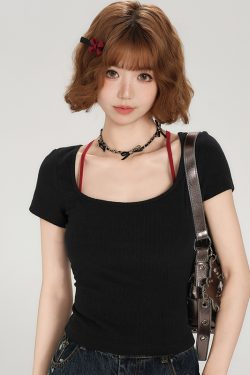 Backless Spicy Girl Short Sleeve T-Shirt for Women - American Style Summer Two-Piece Set with Strap Design