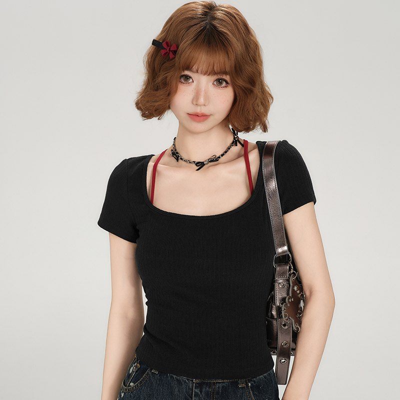 Backless Spicy Girl Short Sleeve T-Shirt for Women - American Style Summer Two-Piece Set with Strap Design Backless Spicy Girl Short Sleeve T-Shirt for Women - American Style Summer Two-Piece Set with Strap Design