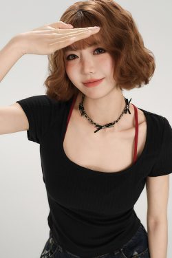 Backless Spicy Girl Short Sleeve T-Shirt for Women - American Style Summer Two-Piece Set with Strap Design