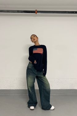 Baggy Skate Pants for Girls - Film-Style Yellow and Blue Wash Slimming Jeans, 90s Inspired Streetwear Fashion