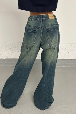 Baggy Skate Pants for Girls - Film-Style Yellow and Blue Wash Slimming Jeans, 90s Inspired Streetwear Fashion