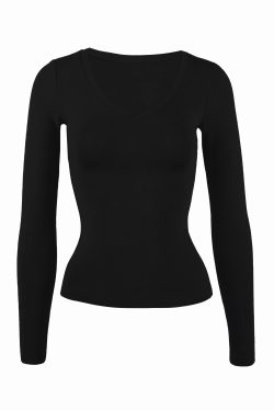 Basic Four-Color V-Neck Stretch Fitted Long Sleeve Top - Versatile Everyday Essential, Perfect for Layering and Casual Outfits