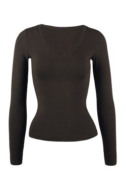 Basic Four-Color V-Neck Stretch Fitted Long Sleeve Top - Versatile Everyday Essential, Perfect for Layering and Casual Outfits